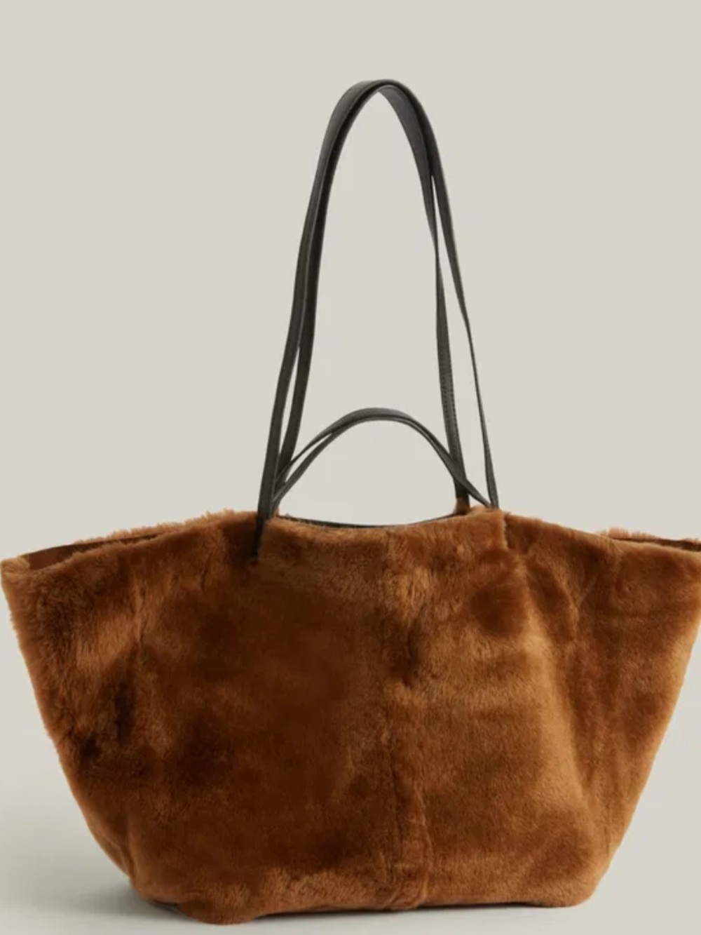 Like New - All Saints Hannah Shearling Tote Bag Faux Fur Brown with Black Straps - Picture 5 of 8